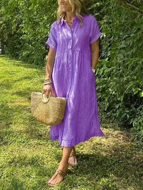 Women's Purple Striped Collared Short-Sleeve Relaxed Maxi Shirt Dress